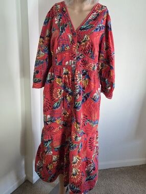 Monsoon Flavia Feather Print Midi Dress Red Size 10